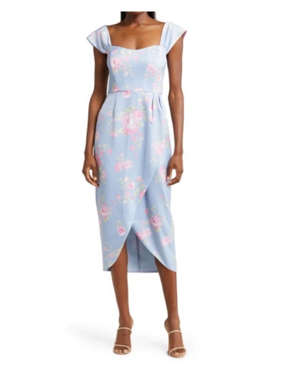 Wayf Sky Blue Floral Square-Neck Cocktail Dress with Pink Accents Tulip Hem (M)